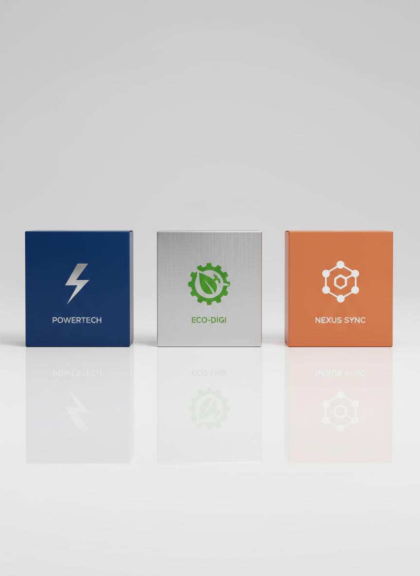 A clean, high-resolution product comparison layout showing three different boxed electronic devices arranged side by side in a perfectly aligned row on a seamless light gray background. Each box is distinct in color and design, with crisp edges and legible generic icons, symbolizing different brands without using real logos or text. Soft, even studio lighting eliminates harsh shadows and creates subtle reflections beneath each package. Shot at eye level with a straight-on composition and sharp focus throughout, emphasizing uniform size and framing. The mood is professional, analytical, and trustworthy, with a minimalist, photographic realism style ideal for a product review homepage hero image.