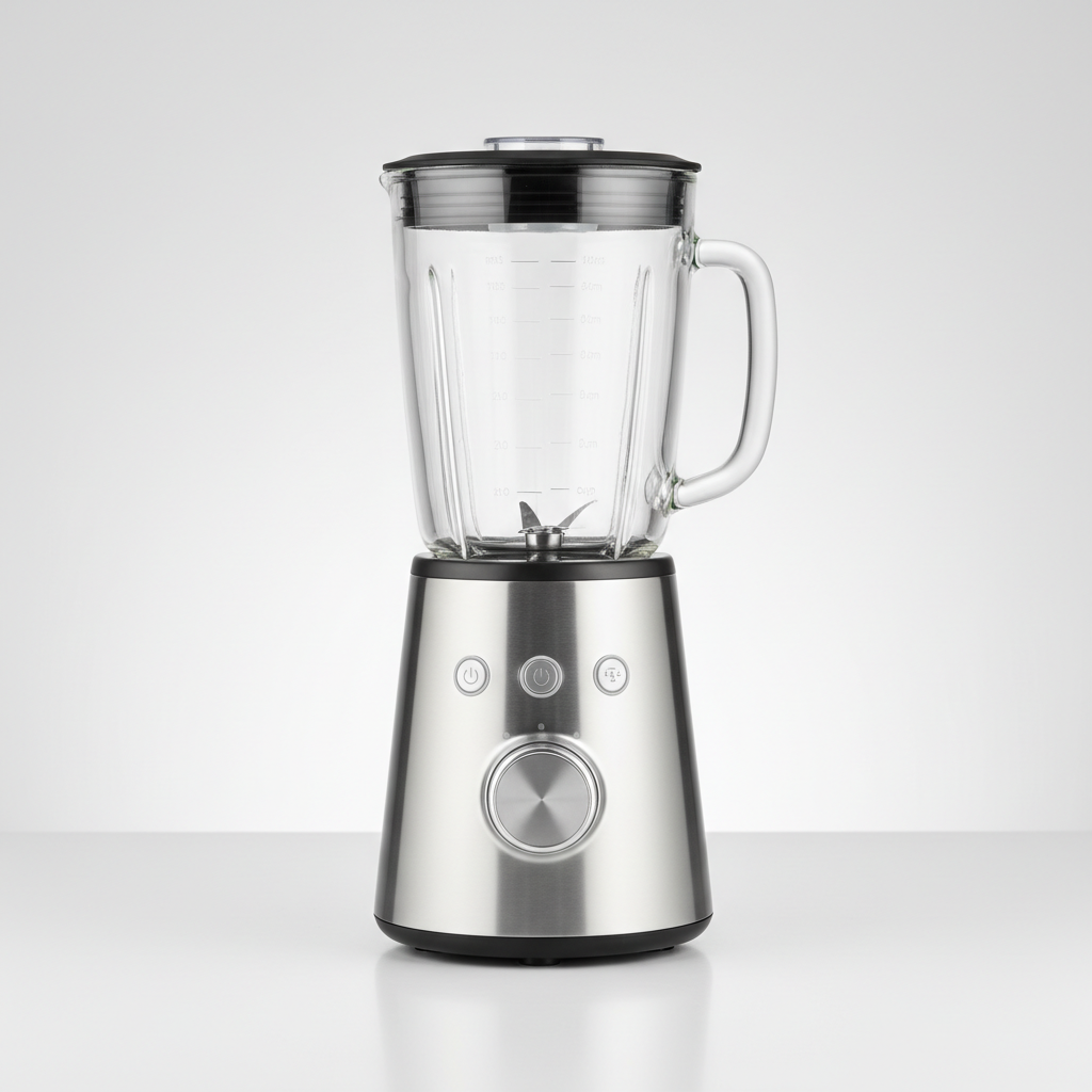 A sleek stainless steel kitchen blender with a transparent glass jar and clearly visible generic measurement marks, positioned alone on a seamless matte white surface. The base shows generic, unlabeled buttons and a smooth metallic finish, with subtle reflections indicating quality. Overhead and slightly front-facing soft studio lighting creates a clean highlight along the metal and distinct but soft-edged shadow behind the blender. Captured from a slightly elevated angle to show both the control panel and jar details, with sharp focus and clean framing. The mood is precise and informative, conveying a professional, unbiased product evaluation in a realistic photographic style.