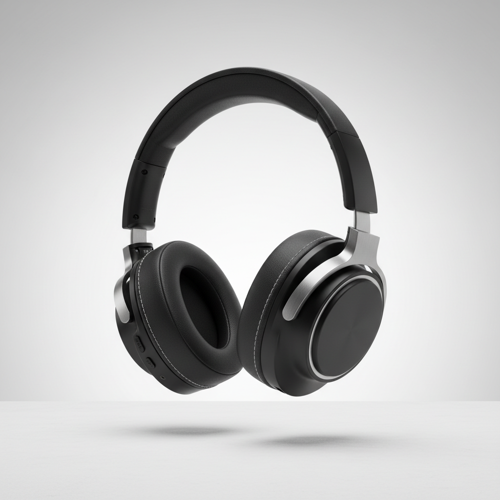 A single premium wireless over-ear headphone set in matte black plastic with brushed metal accents, floating slightly above a neutral white surface with a faint shadow directly beneath. The ear cushions appear plush and textured, with precise stitching and a cushioned headband. The background is a smooth gradient from light gray to pure white, free of distractions. Soft, diffused studio lighting from both sides highlights contours and materials, creating gentle edge reflections. Centered, eye-level composition with ample negative space around the headphones, evoking a modern, professional, and objective product review aesthetic in photographic realism, suitable for a top-rated electronics review page.